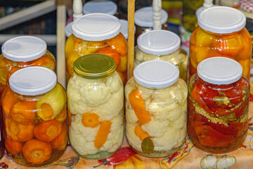 Pickled Cauliflower Carrots Peppers Preserve in Glass Jars Kitchen Pantry