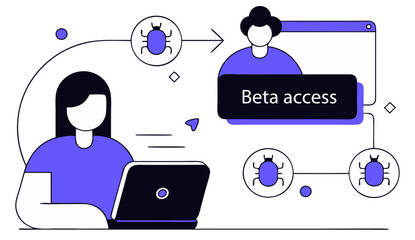 Beta testing concept with user interface, people testing software on laptops or Software Beta Testing Concept with Users
