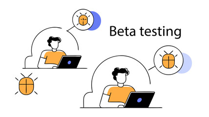 Beta testing concept with user interface, people testing software on laptops or Software Beta Testing Concept with Users
