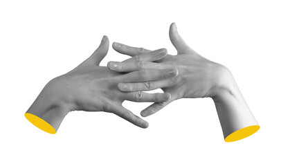 Pair of female hands with intertwined fingers in clasped gesture, expressing unity and communication