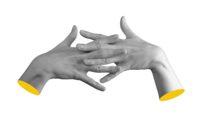 Pair of female hands with intertwined fingers in clasped gesture, expressing unity and communication
