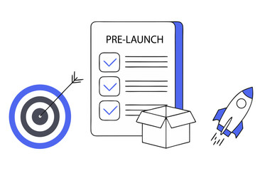 Pre-launch marketing concept with checklist, digital product in packaging, target symbol, and a rocket icon