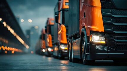 Naklejka premium A row of modern orange trucks parked under soft evening lights, showcasing their sleek designs and illuminated features.