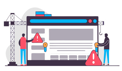 Website Under Construction Illustration with Workers or Under construction webpage with workers fixing website elements, caution sign