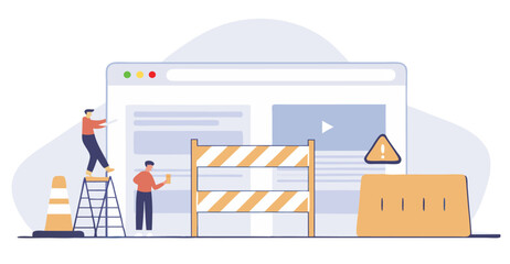 Website Under Construction Illustration with Workers or Under construction webpage with workers fixing website elements, caution sign
