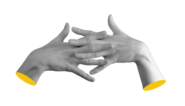 Pair of female hands with intertwined fingers in clasped gesture, expressing unity and communication