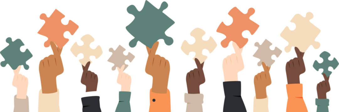 Different hands holding puzzle elements. - Powered by Adobe