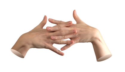 Two female hands with fingers entwined in clasped gesture, symbolizing unity and connection with