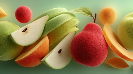 Modern 3D fruit arrangement showcases apple wedges and pear shapes on mint backdrop