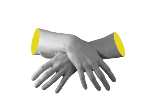 Pair of crossed hands with spread fingers and overlapping wrists, creating an expressive gesture