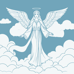 Angel floating with wings extended halo clouds