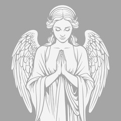 Angel praying with wings spread white line art