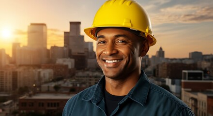 Smiling Construction Worker in Hard Hat with City Skyline at Sunset Pride in Urban Development and Skilled Trades