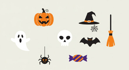 Obraz premium Halloween themed graphic icons featuring pumpkin, ghost, skull, bat, spider, candy, witch hat, and broom.