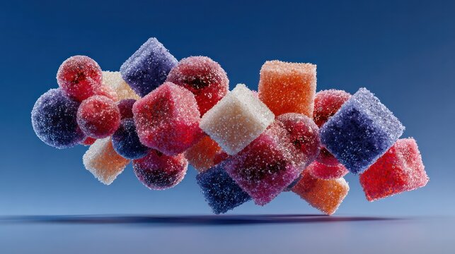 Abstract sugar cubes dissolving into colorful molecular compounds, depicting biochemical balance