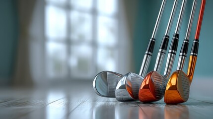 A close-up view of several golf clubs arranged neatly on a wooden floor, showcasing their shiny heads and sleek design against a softly blurred background.