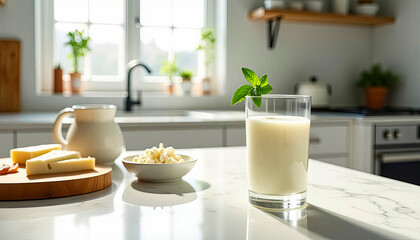 Protein set: a glass of ayran, tender cottage cheese and young cheese