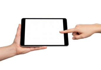 Caucasian hands supporting and tapping a sleek modern tablet with a blank white screen, isolated on a transparent background with copy space, in a photorealistic UHD high-angle shot. Concept of