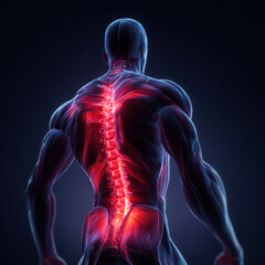Digital illustration of muscular human back highlighting spine and muscles in bright red, symbolizing pain or muscle spasms. image conveys sense of tension and discomfort