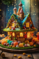 Obraz premium Magical hut in a wood, made of colorful sweets close up background.