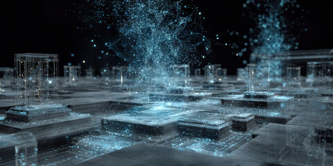 Futuristic digital landscape with holographic projections and AI algorithms creates mesmerizing scene of interconnected data and technology. glowing blue elements add sense of innovation