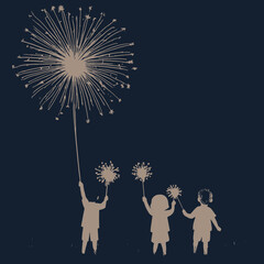 Children holding sparklers with fireworks celebration