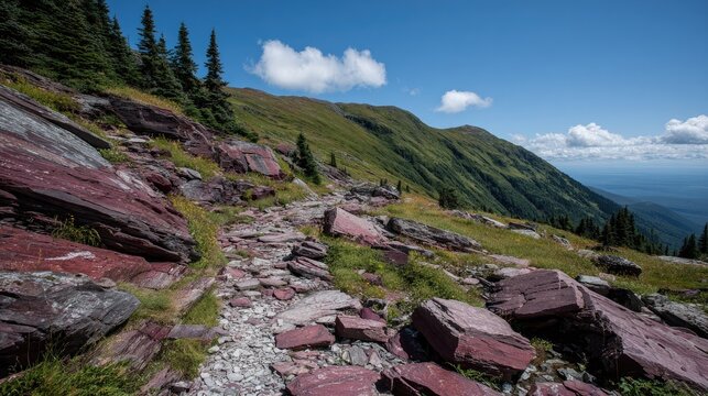 Mountain trail winds through red rocks and grassy slopes under a blue sky - Powered by Adobe