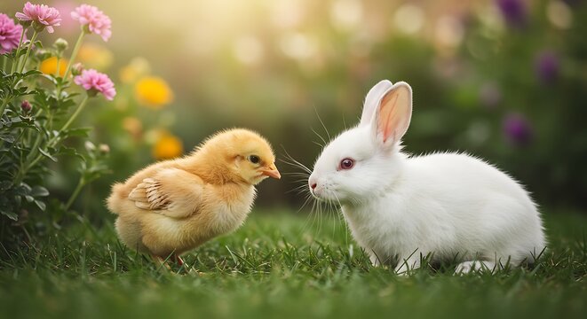 chick and bunny facing each other