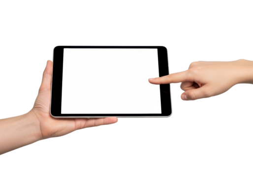 Caucasian hands supporting and tapping a sleek modern tablet with a blank white screen, isolated on a transparent background with copy space, in a photorealistic UHD high-angle shot. Concept of