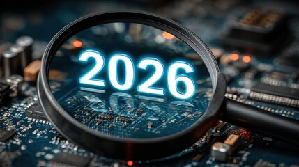Sleek magnifying glass hovers over glowing 2026 digits amid a circuit board backdrop
