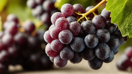 Deep purple grapes on the vine with 3D icons showcasing product variety