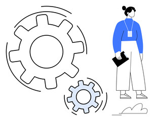 Female professional holding a clipboard stands near oversized gears in motion, symbolizing collaboration, productivity, development, strategy, innovation, career growth, problem-solving. Clean