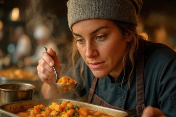 Chef meticulously preparing a colorful vegetable dish in a bustling kitchen