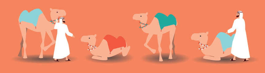 Arab man in traditional clothes with camel isolated, flat vector stock illustration as a set or collection