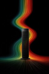 Colorful light trails surround a sleek tower fan in a dark room