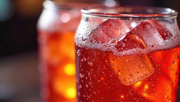 Close-up of a refreshing energy drink, condensation clinging to the can, ice cubes melting in the glass, vibrant colors reflecting light , energy, bubbles, sparkling