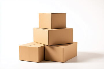 Fototapeta premium Stack of cardboard box isolated on white background, Craft paper box on white background.