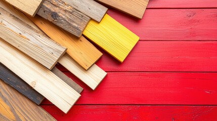 Freeze motion shot of flying wooden planks in bold reds and yellows, crisp focus, balanced layout, minimal white advertising background with copy space.
