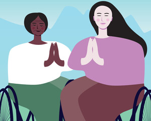 mental health retreats for people with special needs, flat vector stock illustration as concept inclusive wellness tourism