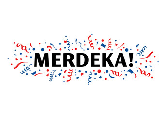 Merdeka Celebration Design with Confetti and Ribbons in Red and Blue.