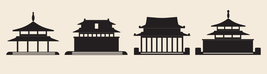 Silhouette traditional asian building isolated, flat vector stock illustration as a set or collection of icons or logo