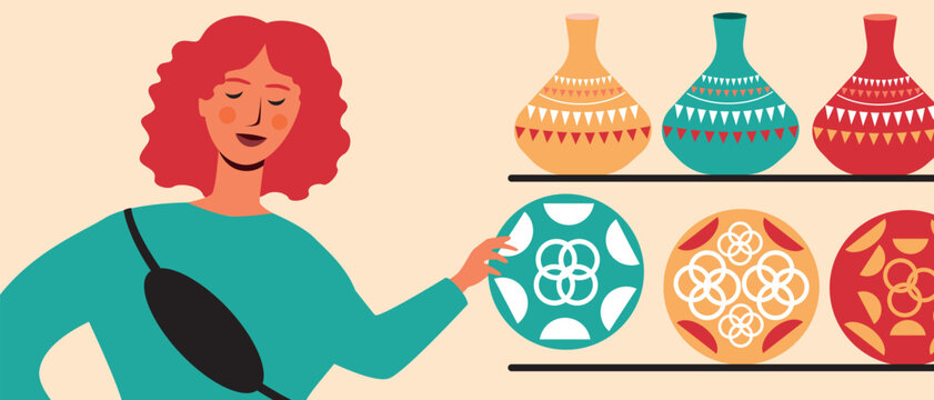 Shopping with purchase of craft ceramics, flat vector stock illustration with tourist woman as travel concept