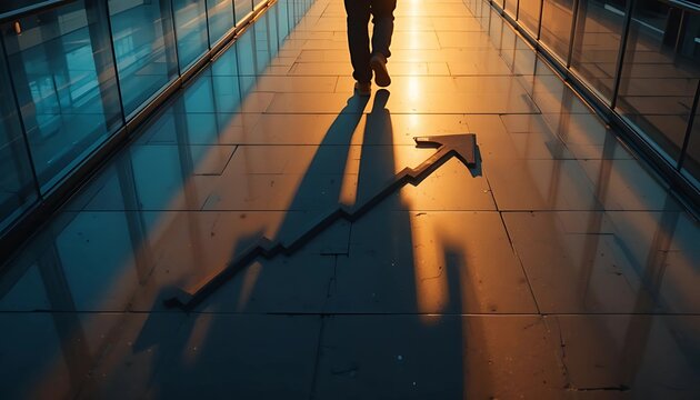 A Person's Legs Walking Over a Shadow of an Upward Trending Arrow on a Modern Walkway Lit by Warm Sunset, Symbolizing Progress and Positive Direction, Ideal for Business and Motivation Content.