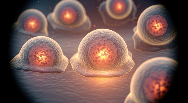 Glowing cell illustration highlights longevity and medicine research with vibrant biological detail and scientific focus