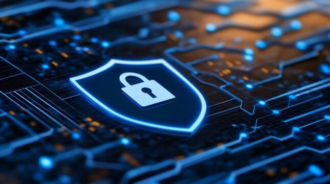 Blue glowing shield with lock on a digital circuit board representing cybersecurity data protection and privacy - Powered by Adobe
