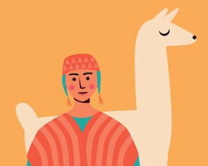 Teenager or young BIPOC man with llama or alpaca, flat vector stock illustration with traditional south american person