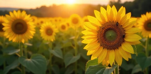 Obraz premium Golden hour sunlight bathes a lush field of ripening sunflowers, buzzing with bees, a quintessential summer harvest scene Ready for picking , meadow, crops
