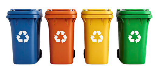 Four color-coded recycling bins