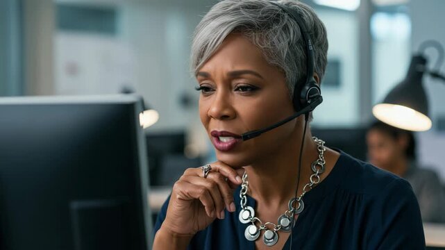 Focused senior african american woman customer service representative wearing a headset and working at a computer in an office
