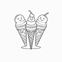 Smiling ice cream cones with cherries scoops